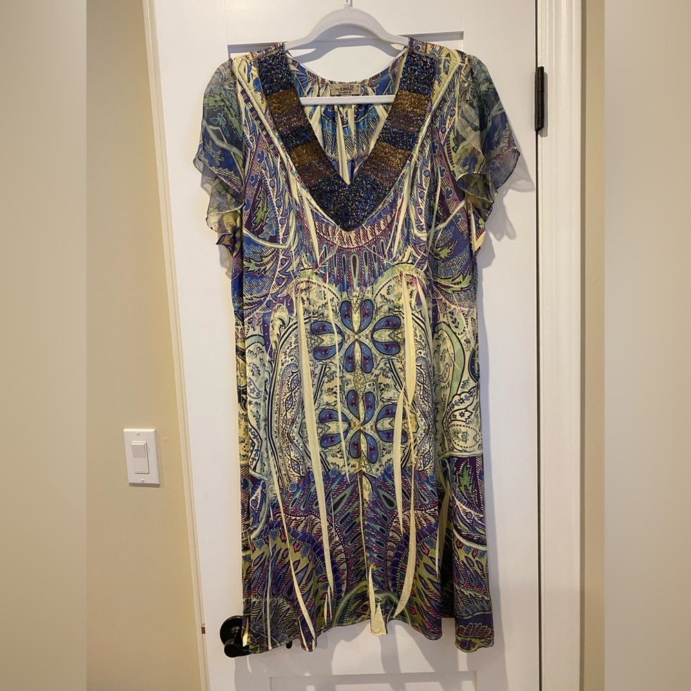 One World Beaded V-neck fun colorful Crinckle dress short sleeves 3X Festival